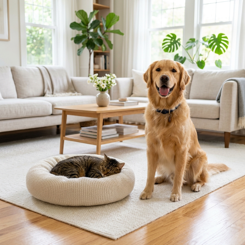 Perro feliz y gato descansando en una sala limpia y fresca